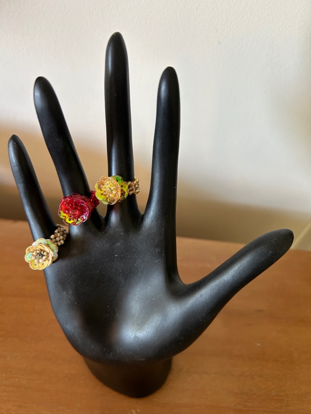 National Geographic Floral Beaded Ring Trio in Red, Yellow, and Cream